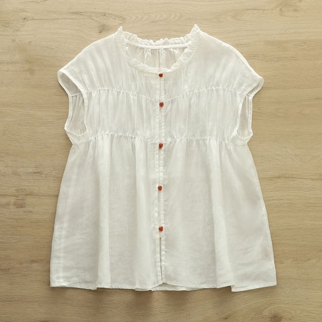 Shirred Ruffled Sleeveless Button Blouse