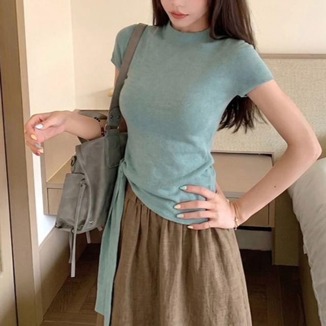 Short Sleeve High Neck Asymmetrical Knit Top
