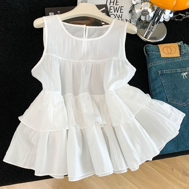 Tiered Sleeveless Top with Round Neckline
