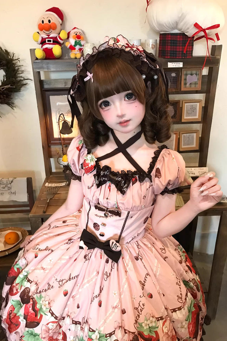 Square Collar Short Sleeves Printed Ruffled Bow Lace Sweet Lolita Dress - Strawberry Chocolate Lover