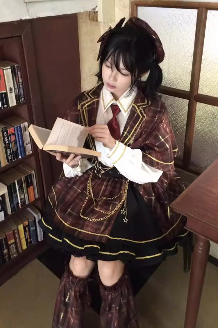 Crimson Showa Little Idol Notch Collar Long Sleeve Ruffled Open-Front Bow Asymmetric Classic Lolita Skirt Set