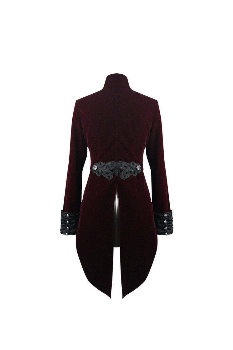 Crimson Noir Brocade Collar Embroidered Metal Stud Velvet Swallowtail Gothic Coat