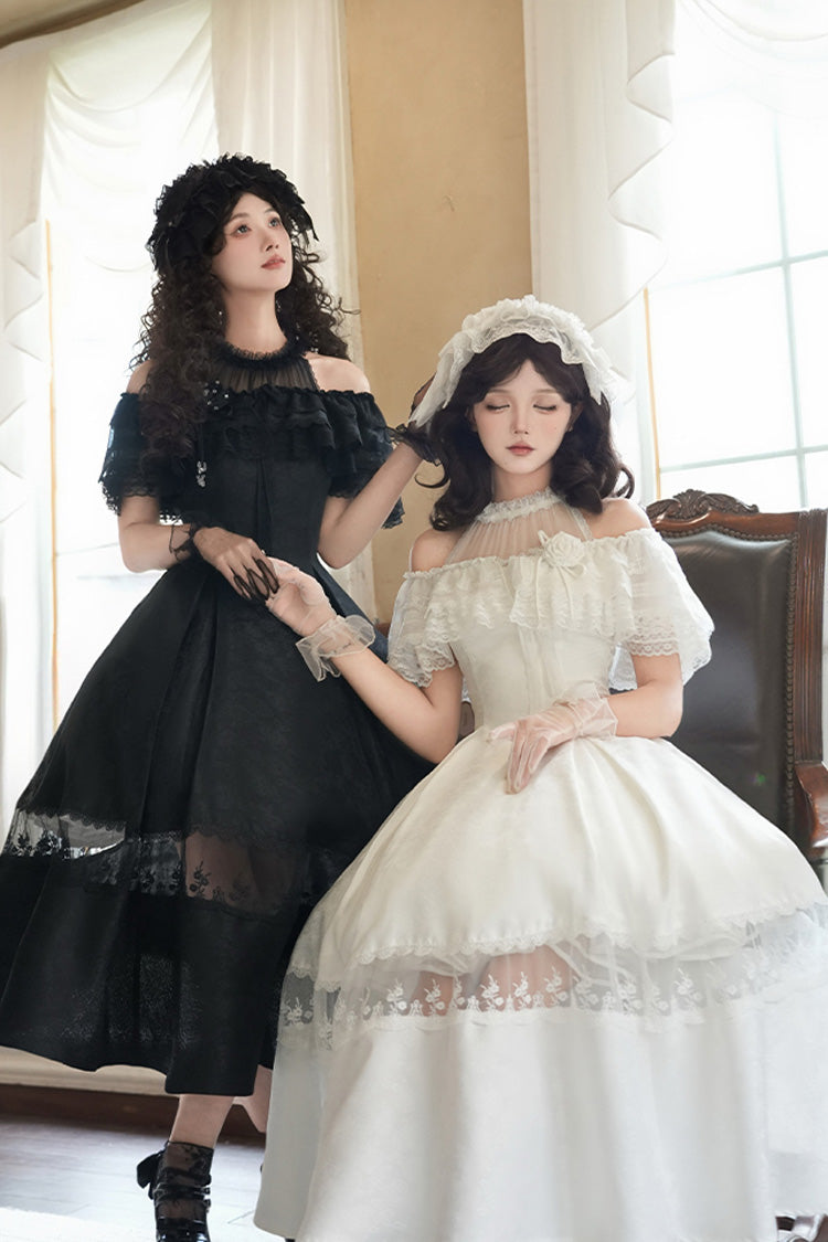 Onyx Off Shoulder Halterneck Printed Ruffle Gothic Elegant Dress - Flowers in the Mist