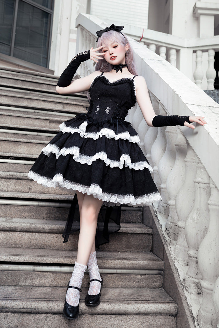 Black Triple-Layered Ruffle Embroidery Bow Gothic Lolita Jsk Dress