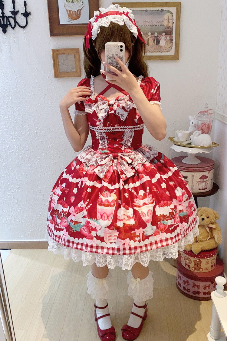 Crimson Strawberry Parfait Pattern Short Sleeve Bow Lace Corset Sweet Lolita Gown