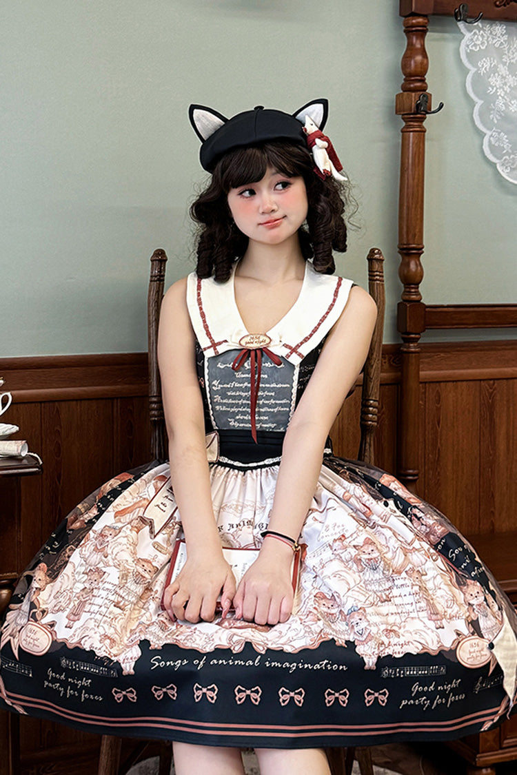 Black Fox Print Square Collar Bowknot Classic Lolita Jumper