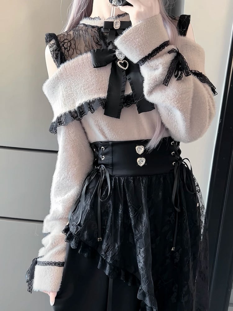 Jirai Kei Pink and Black Illusion Neckline Cutout Shoulder