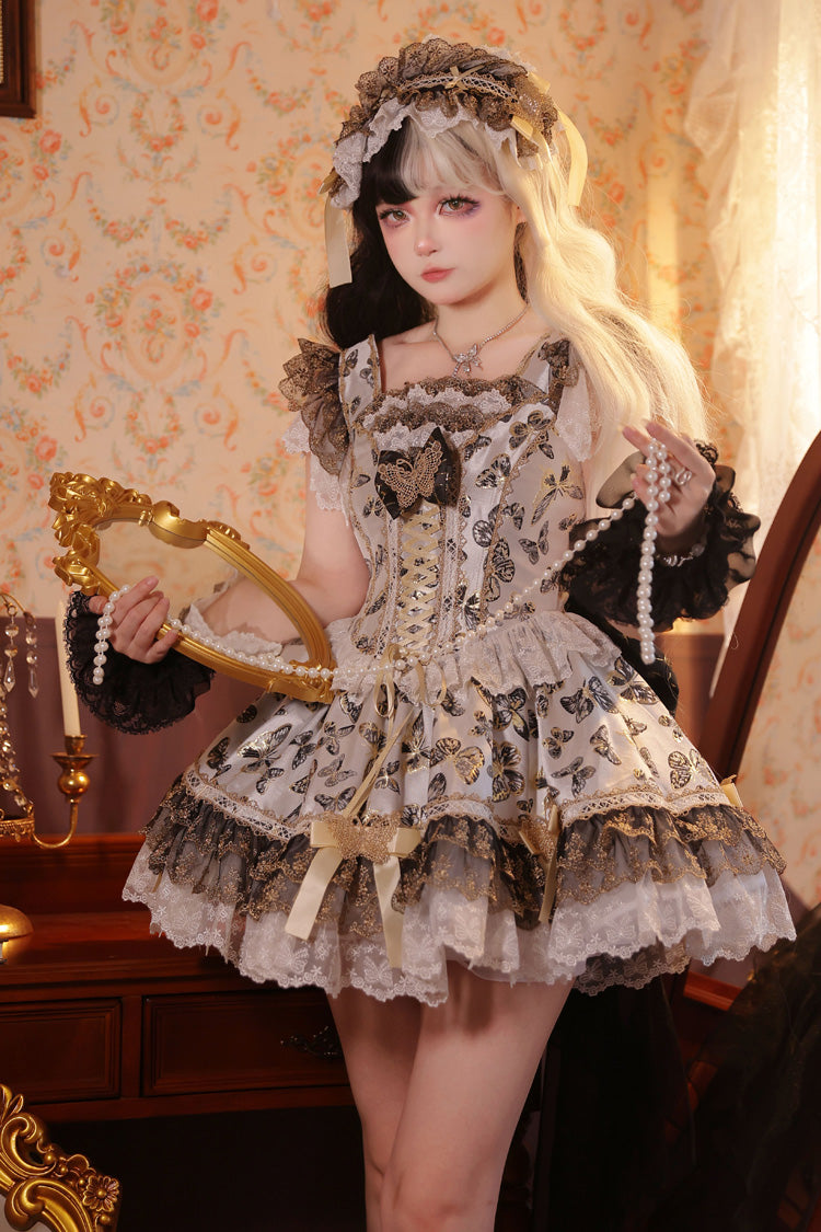 Golden Spirit Butterfly Print Sleeveless Ruffle Lace-Up JSK Dress Set