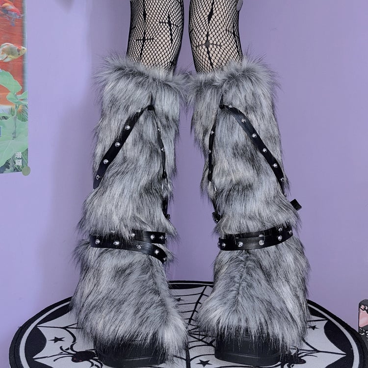 Yellow White Gray Strap Shaggy LegWarmers