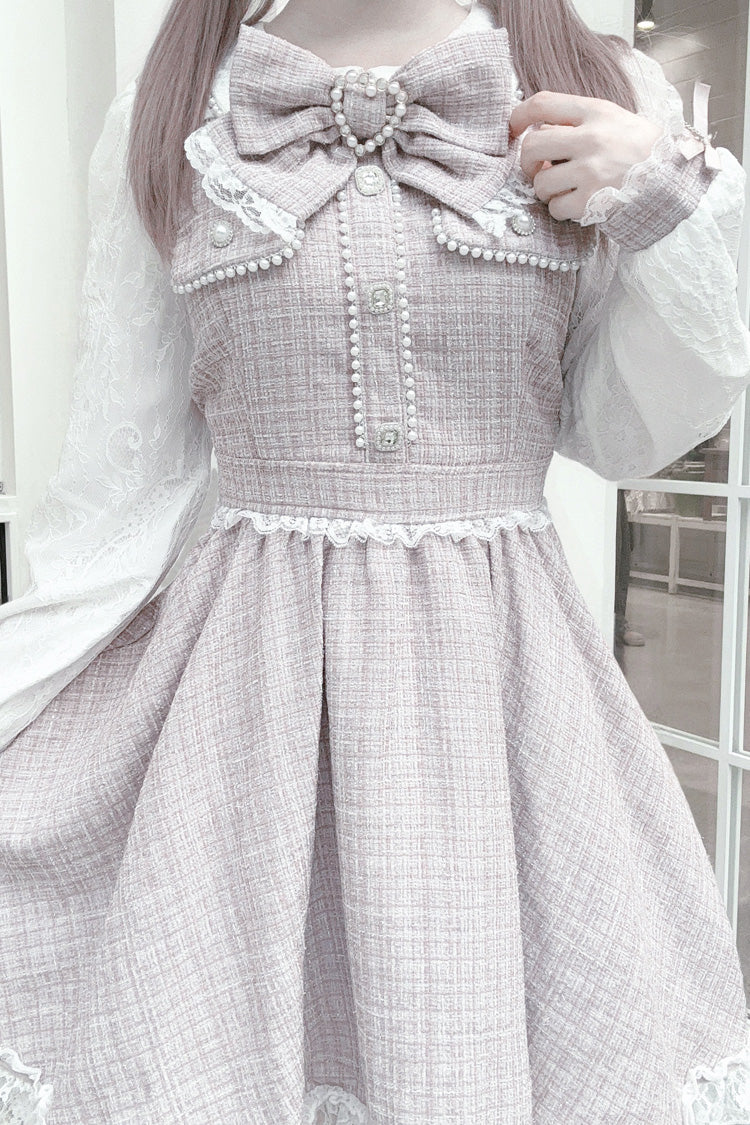 Jirai Kei Dress with Bowknot, Lace, Pearl Details, Long Sleeves, Grey/Pink
