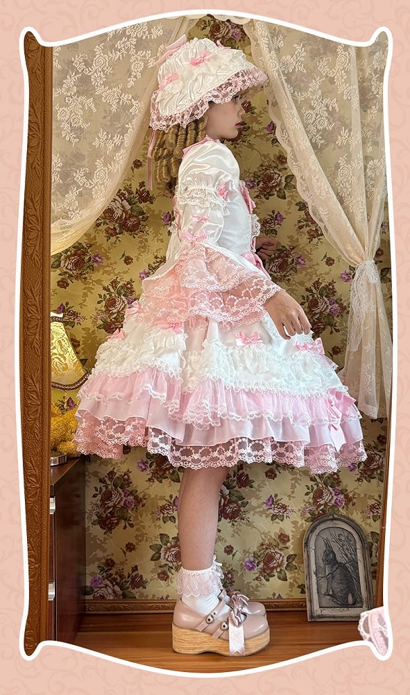 Detachable Dress High Pink Waist White Bow Sleeves with Princess Lolita Sweet Accents