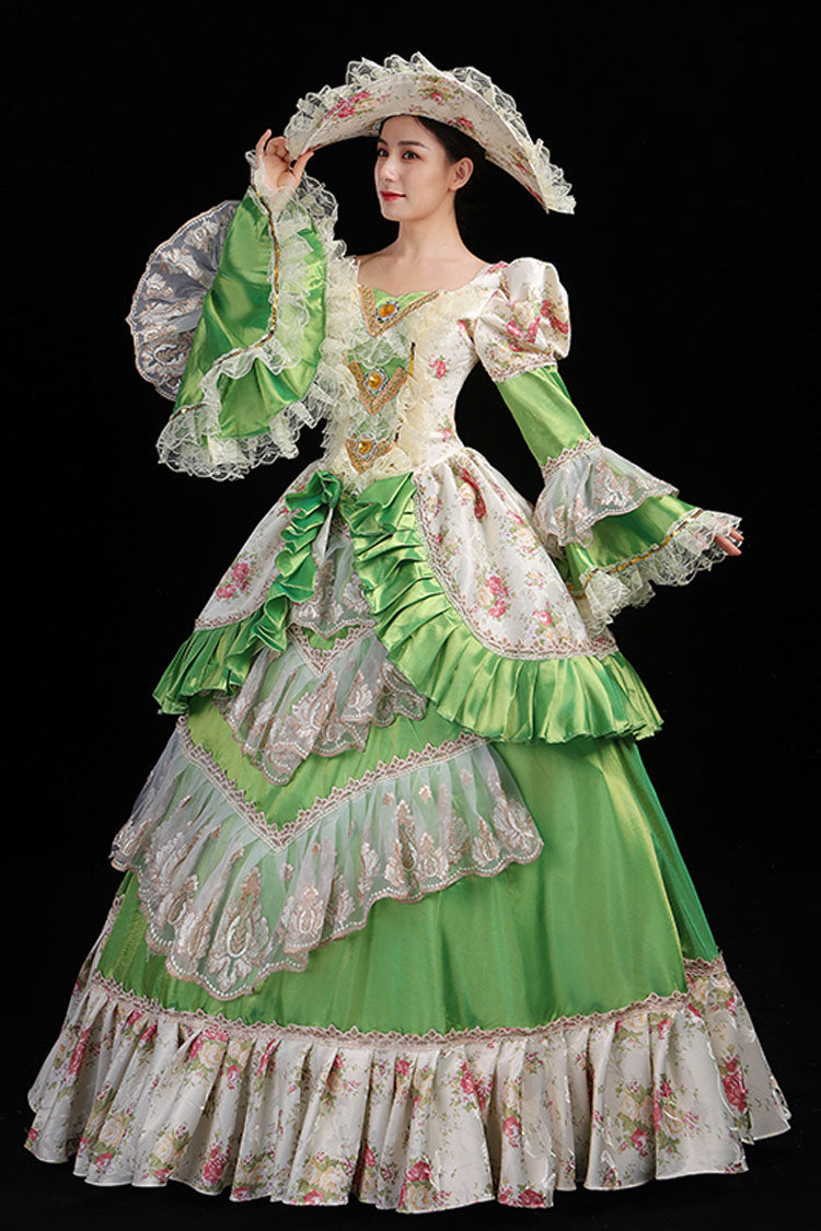 Ruffled Hollow Embroidery Victorian Gown - High Waisted Trumpet Sleeves