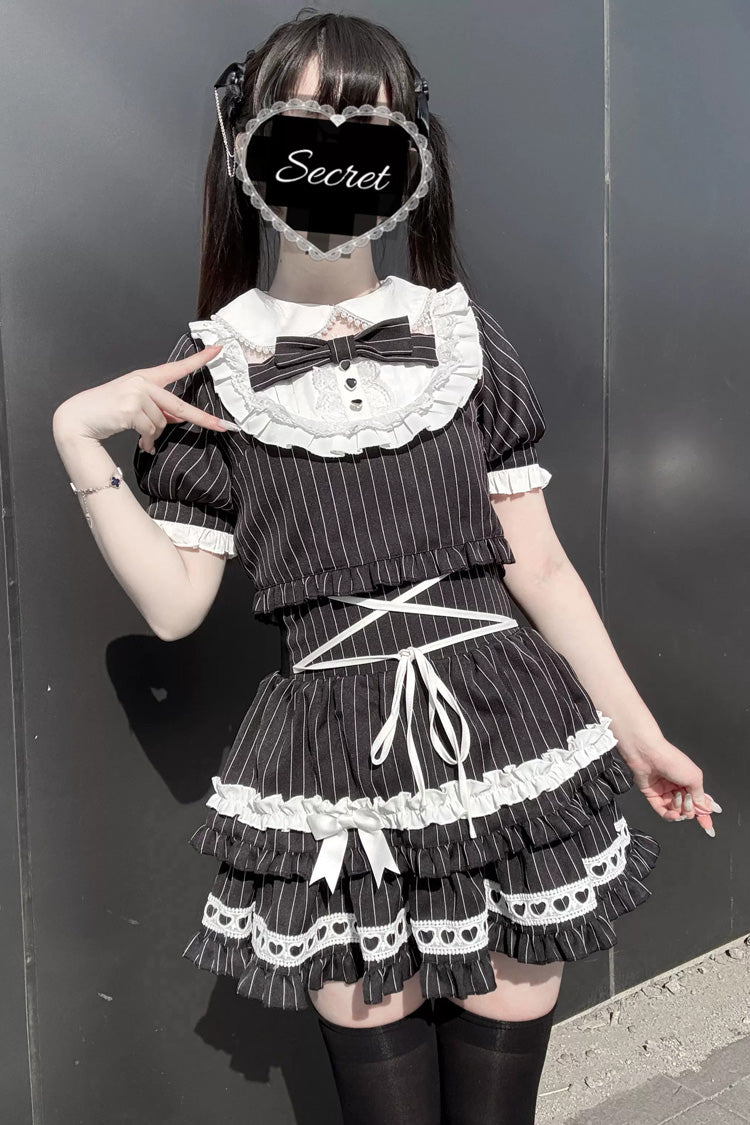 Japanese Skirt Set with Striped Print and Doll Collar