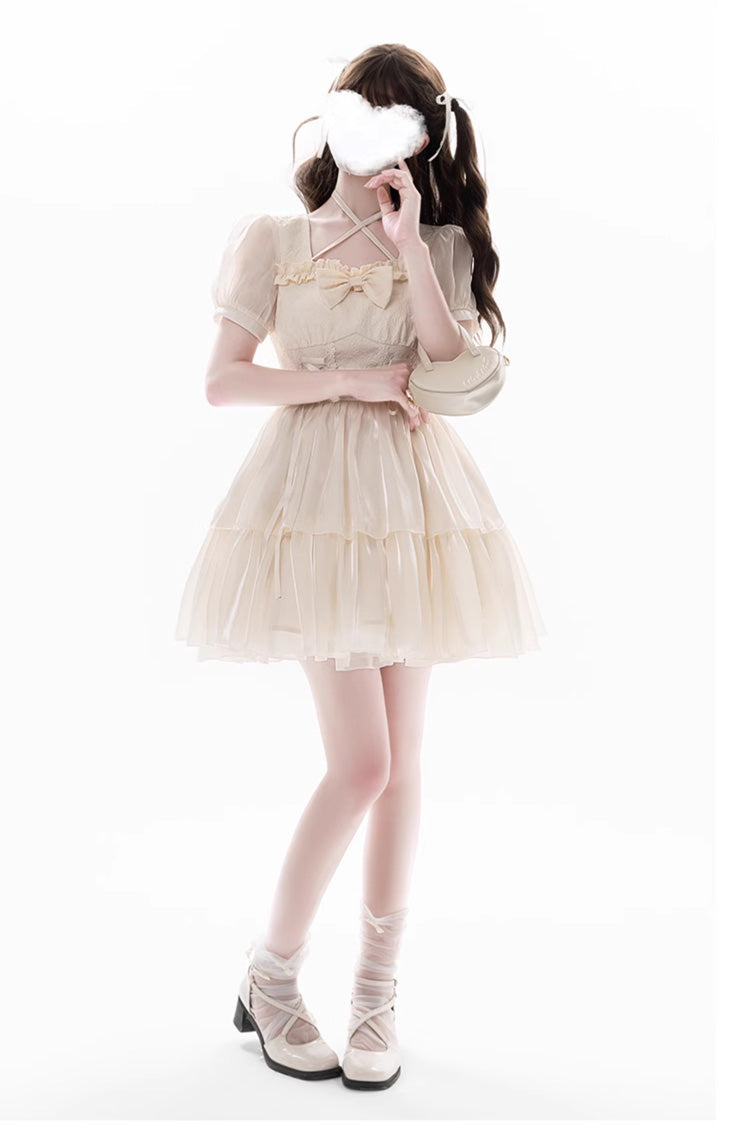 Apricot Prussian Legend Short Sleeves Multi-Layered Jacquard Ruffle Bow Sweet Dress