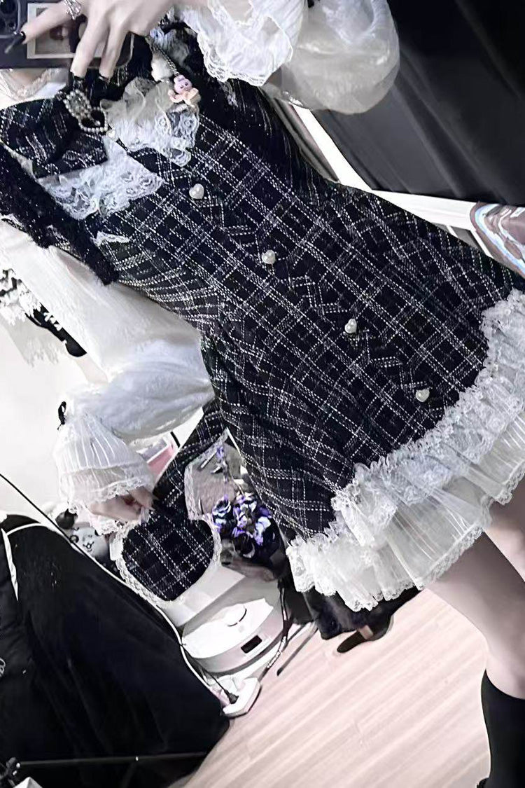 Plaid Printed Ruffled Bow Lace Sweet Jirai Kei Japanese Dress Shorts Set