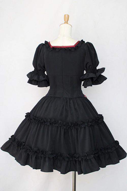 Black Square Collar Short Sleeve Bowknot Gothic Dress