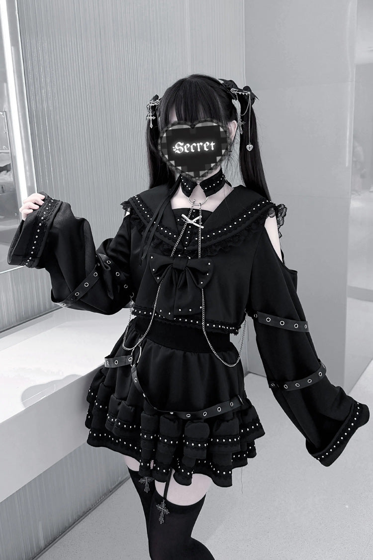 Navy Collar Long Sleeves Ruffled Bow Studded Gothic Jirai Kei Top and Skirt Set