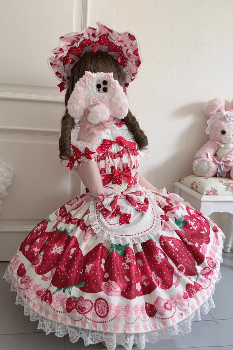 Dream to Strawberry Printed Ruffle Bow Lace Sweet Lolita JSK Dress in Four Shades