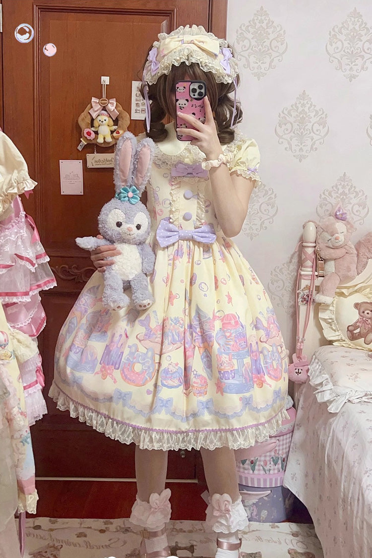 Mermaid Print Bowknot Lace JSK Dress - Cream Soda Yellow