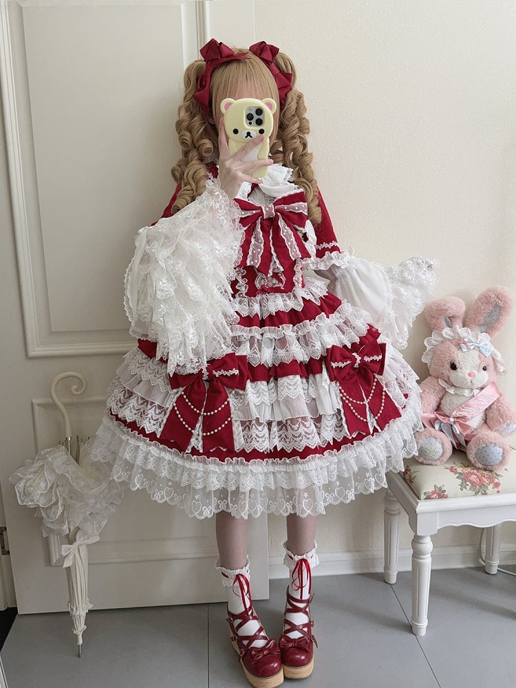 Hanayome Big Decoration Red Tiered Dress Skirt Bows Lolita