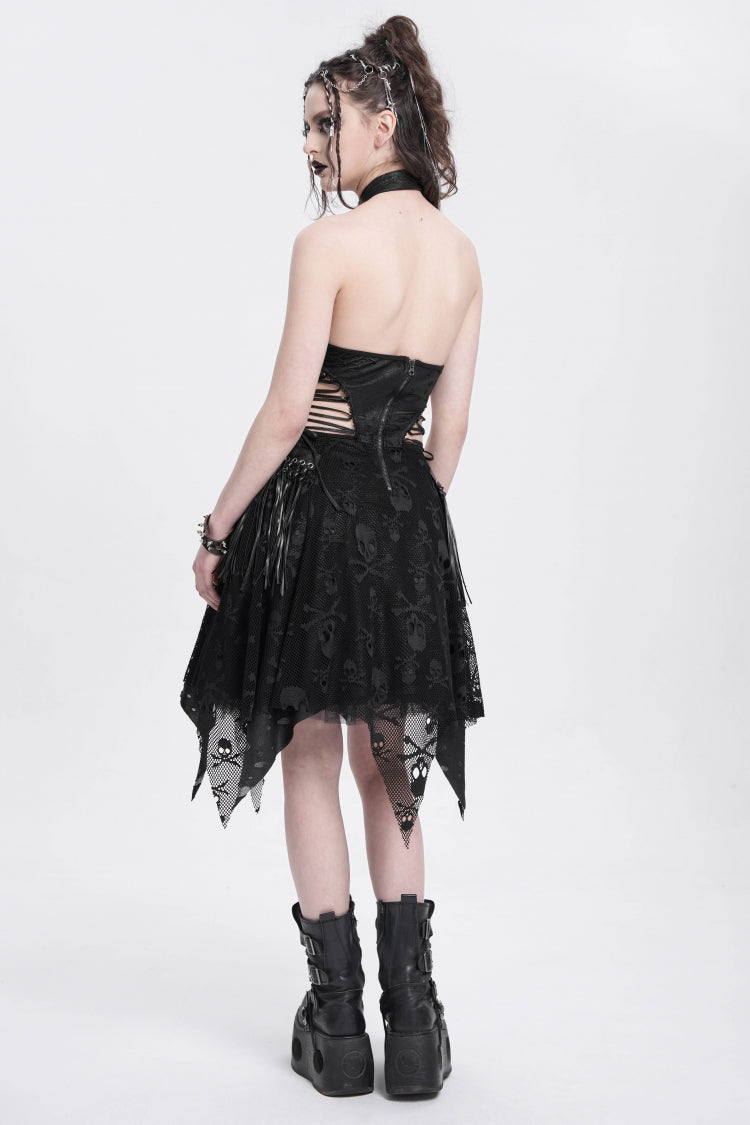 Black Halterneck Sleeveless Skull Print Asymmetrical Punk Gown