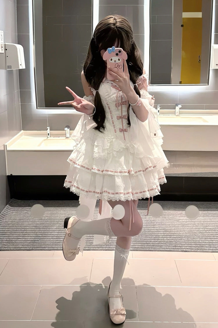 White Little Love Song Detachable Trumpet Sleeve Bow Lace Top Skirt Set