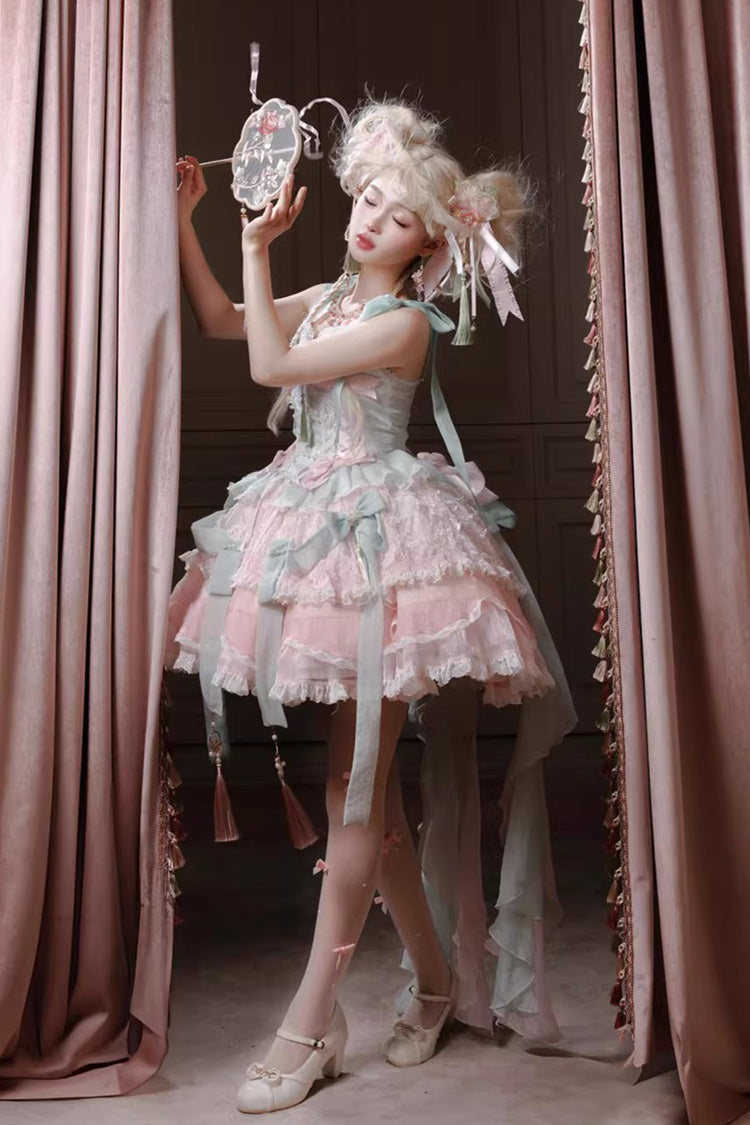 Pink Green Summer Lotus Breeze Sleeveless Double-Layered Ruffled Bow Lace-Up Sweet Chinese Style Ballet Jsk Dress