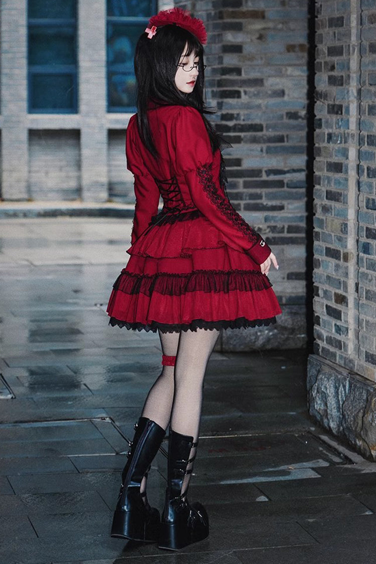 Red Gothic Punk Skirt Set with Removable Corsage and Long Sleeves