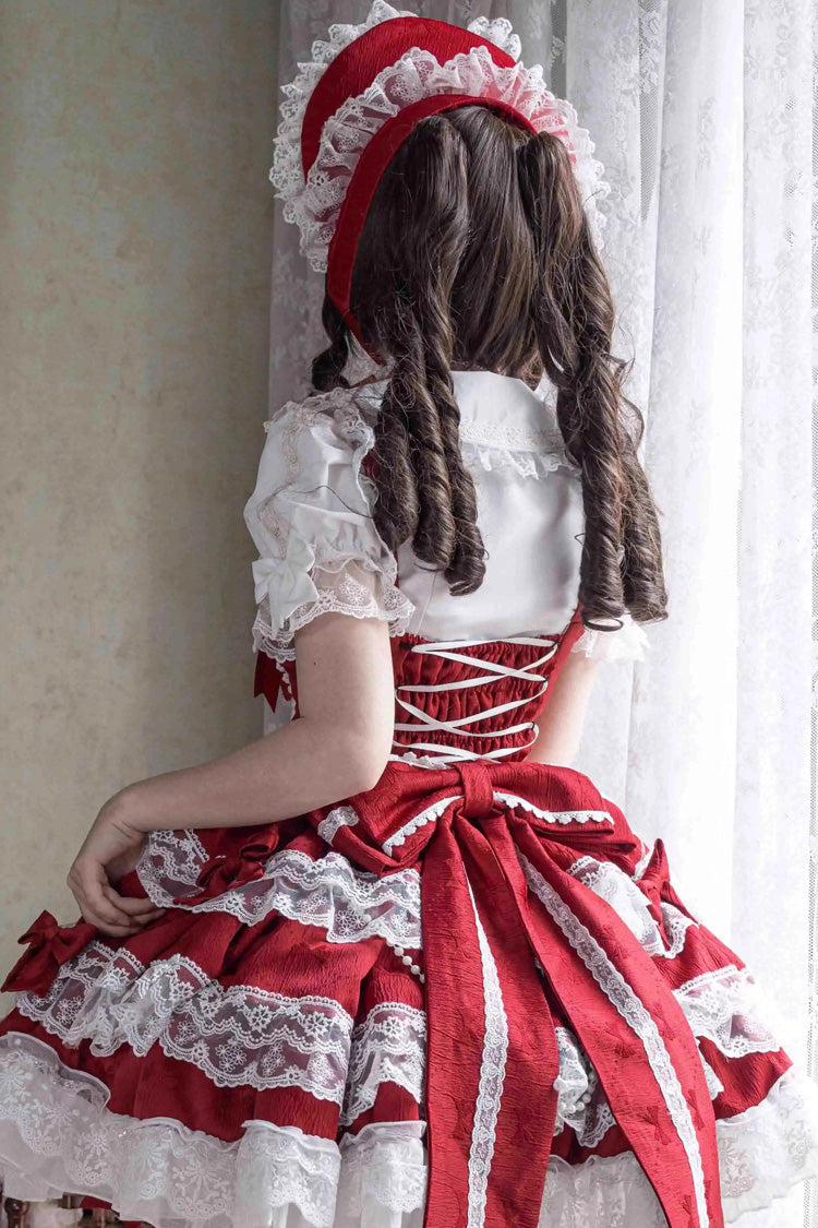 Crimson Small Cakes Sleeveless Multi-Tier Frill Bow Lace Sweet Lolita Jumper Dress