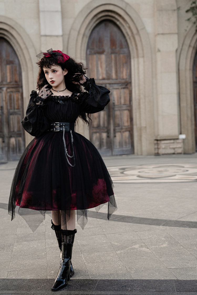 Black Boat Neck Metal Chain Organza Stitching Gothic OP Dress