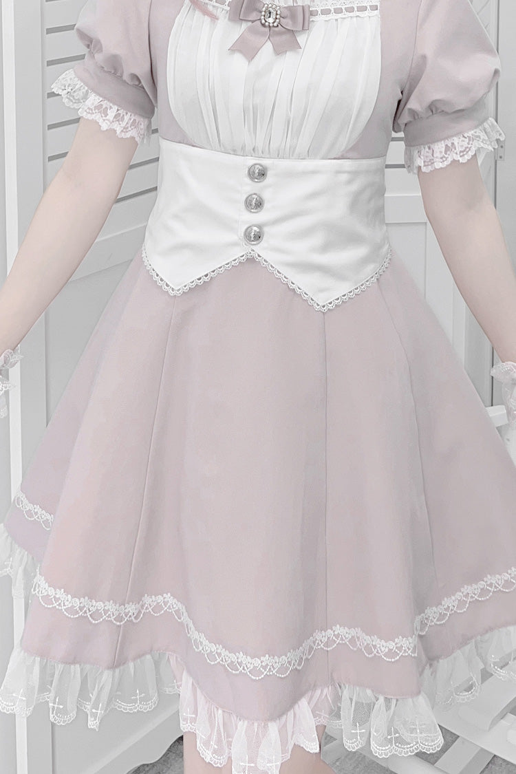 Pastel Pink Short Sleeve Ruffle Bow Cross Waist Maid Sweet Japanese Dress Set