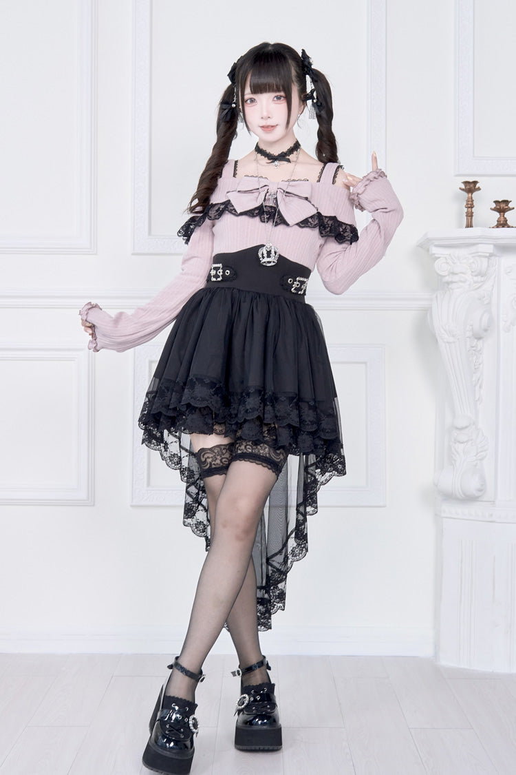 Off Shoulder Long Sleeve Ruffled Bow Lace Gothic Dress