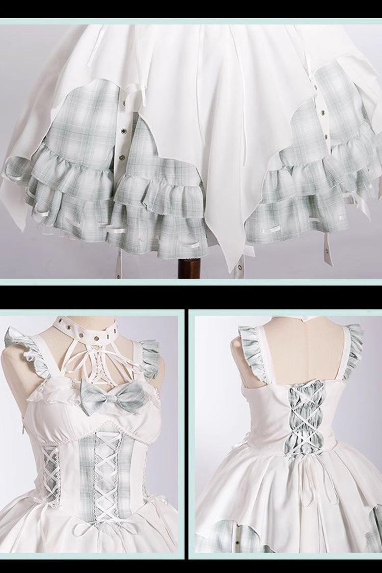Rock Radio Wave Gothic Lolita Asymmetric Grid Print Bowknot Dress 3 Colors