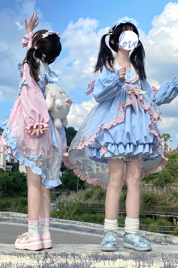 Music Note Print Blue Lace Sweet Lolita Dress with Bow