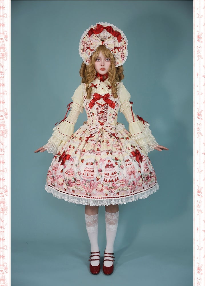 Yellow Strawberry Bow Print Accents Lolita / JSK Desserts Sweet and Set Full