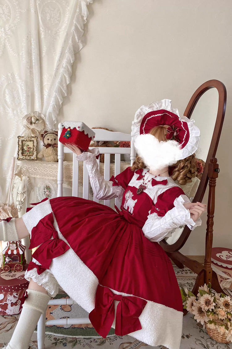 Crimson Shepherd Girl's Poem Doll Neck Short Sleeve Ruffled Bow Sweet Lolita Gown