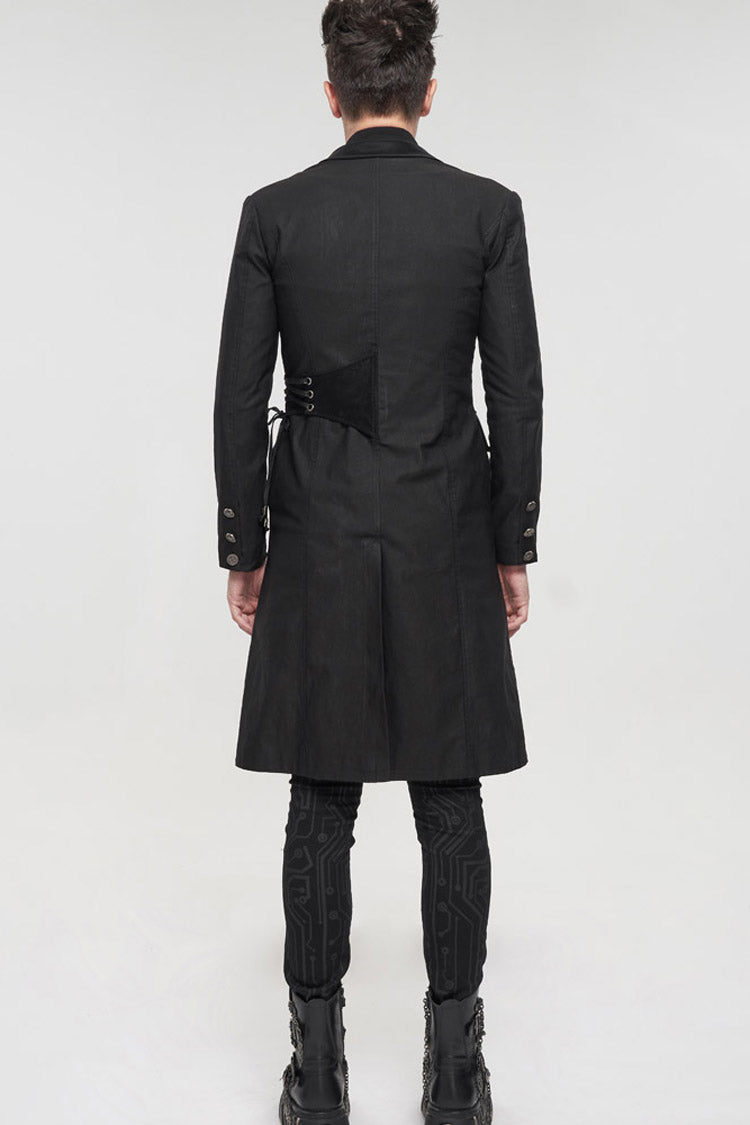 Twill Faux-Leather Pin-Decorated Drawstring Punk Overcoat