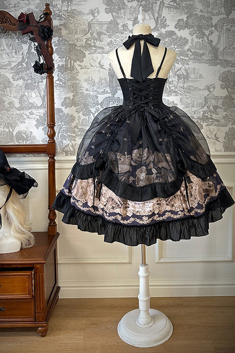 Noir Halter Neck Printed Ruffle Bow Drawstring Gothic Dress - The Mystery of The Doll