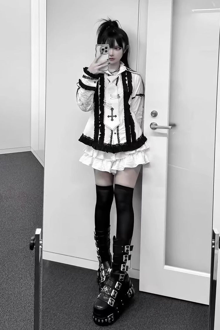 White Black Lapel Collar Long Sleeve Embroidered Gothic Jirai Kei Blouse