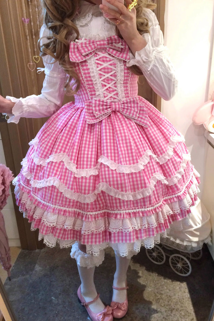 Pink Plaid Floral Ruffle Lace Up Sweet Lolita Dress
