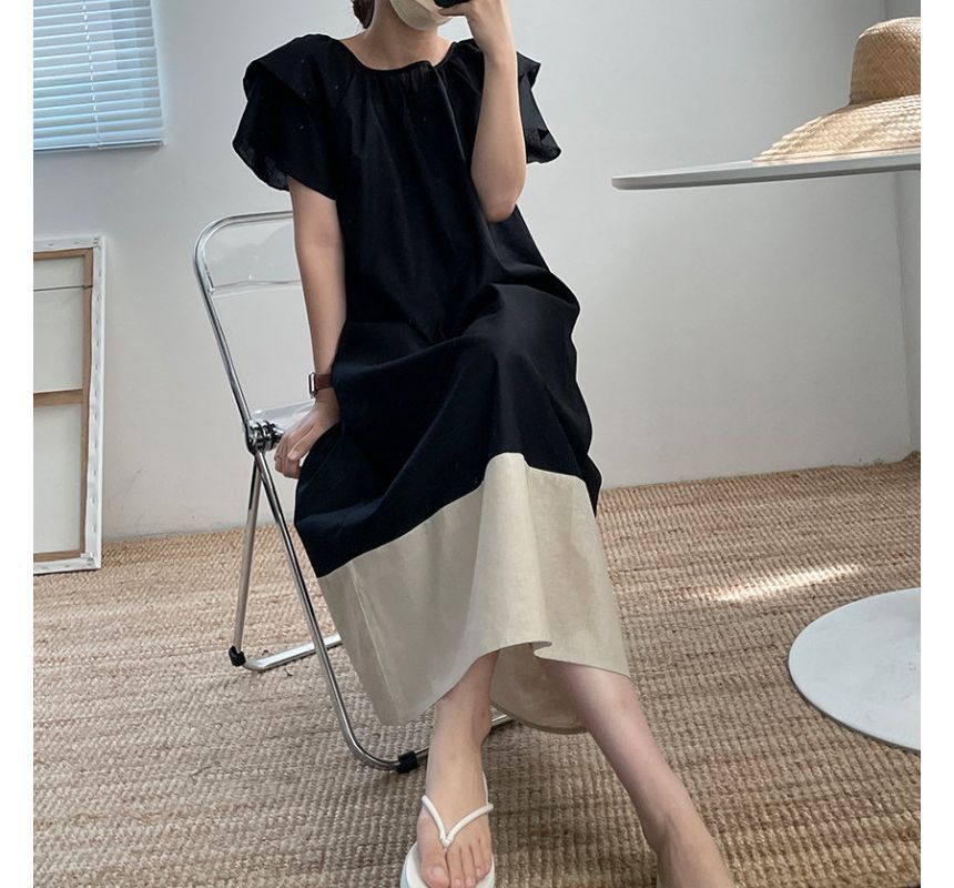 Short-Sleeve Crew Neck Two-Tone Ruffled Midi A-Line Dress aa3 MK Kawaii Store