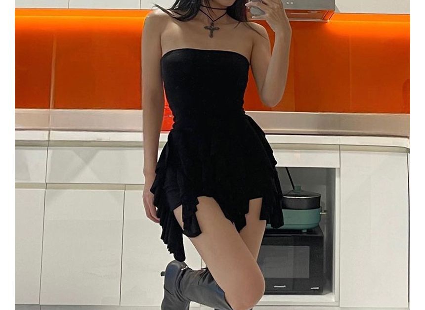 Strapless Plain Ruffle Mini Sheath Dress kk3 MK Kawaii Store