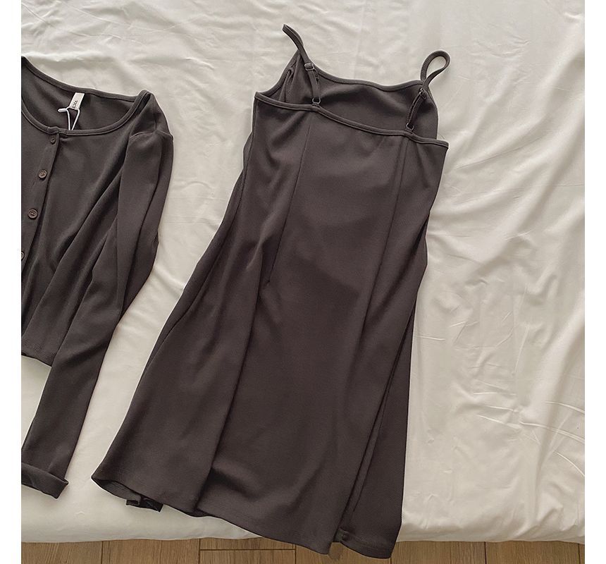 Spaghetti Strap Plain Shirred Mini A-Line Dress / Button-Up Cardigan kk27 MK Kawaii Store