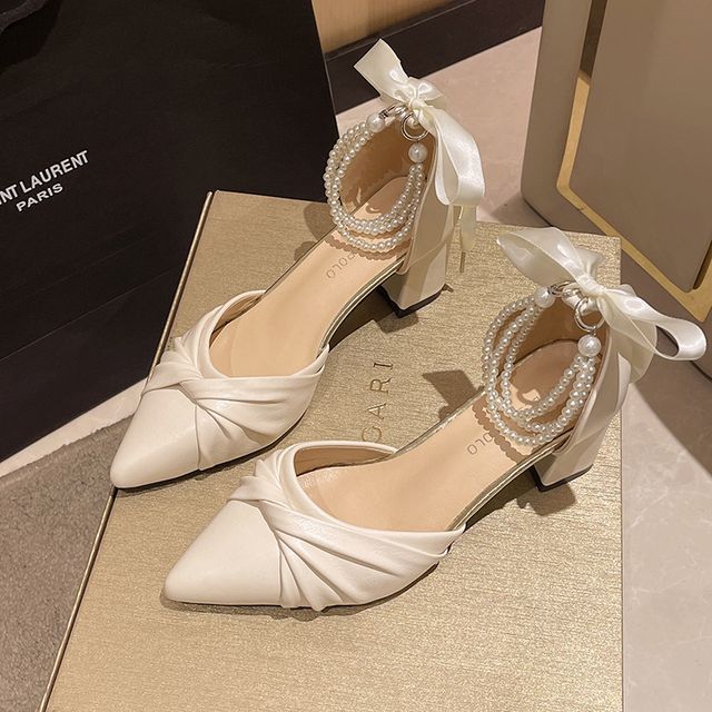 Pointed Knot Faux Pearl Bow Ankle Strap Low Heel Sandals cc2 MK Kawaii Store