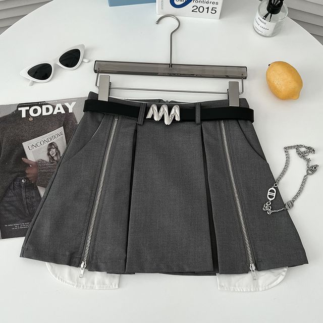 Set: High Waist Pleated Zip Mini A-Line Skirt + Belt EE30 MK Kawaii Store