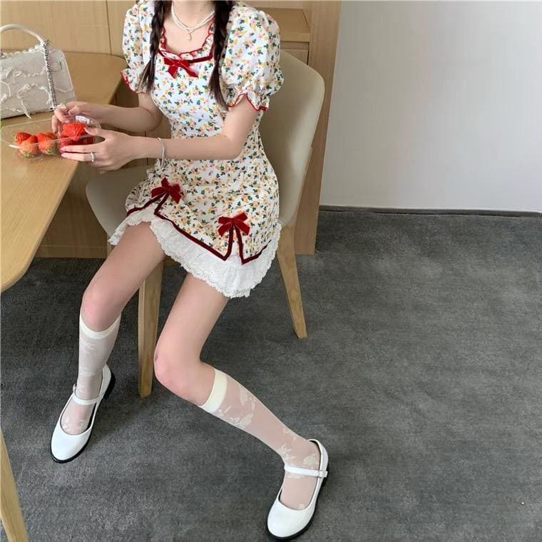 Petal Forest Kawaii Princess Floral Cottage Mini Dress - mkkawaiishop