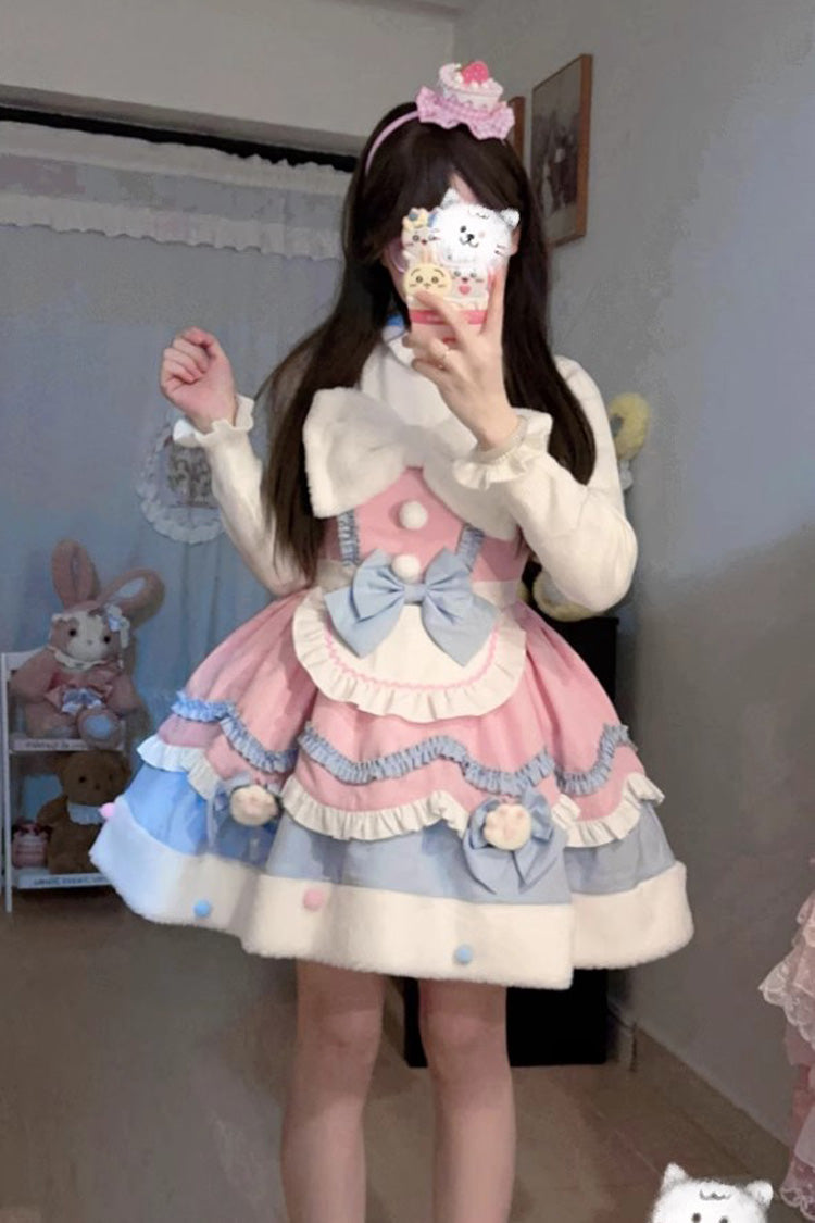 Winter Ruffle Bowknot Sweet JSK Dress in 3 Shades - Cream Snow Cat