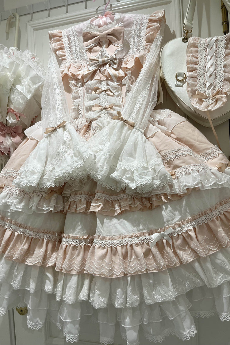 Pink Long Sleeve Layered Ruffle Bow Lace Sweet Dress