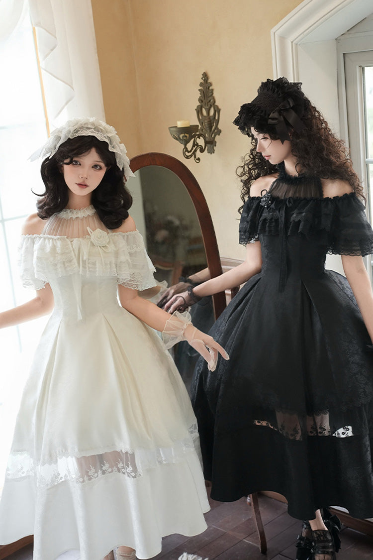 Onyx Off Shoulder Halterneck Printed Ruffle Gothic Elegant Dress - Flowers in the Mist