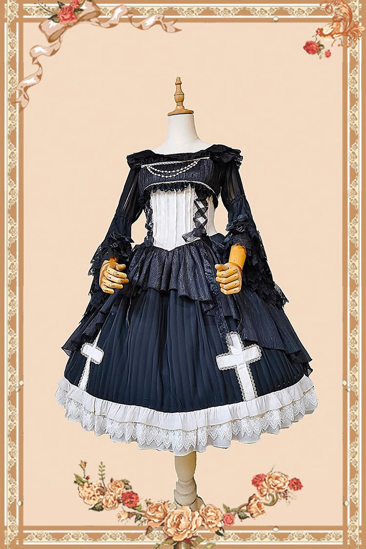 Black Gothic Lolita Dress with Cross Embroidery and Eternal Life Song Print